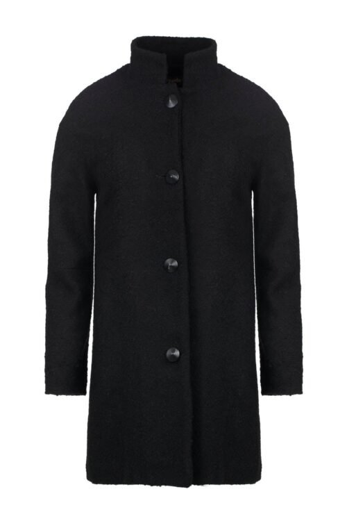 Black Boucle Zip Up Coat with Round Neckline