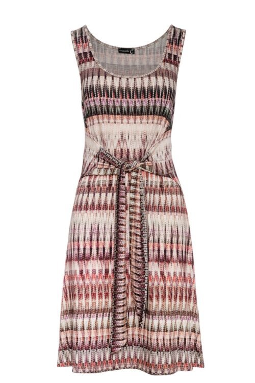 Patterned Sleeveless Dress with Tie Waist