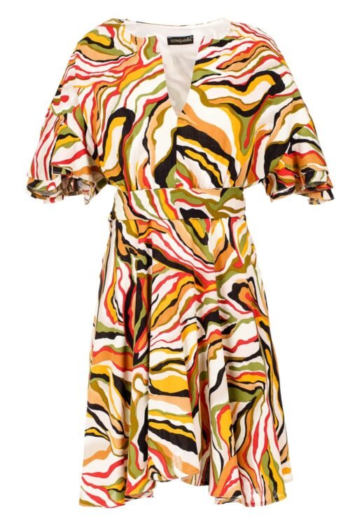 Brick Colour Print Dress with Ruffle Sleeves