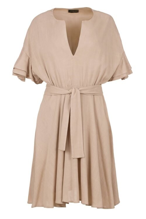 Beige Dress with Ruffle Sleeves