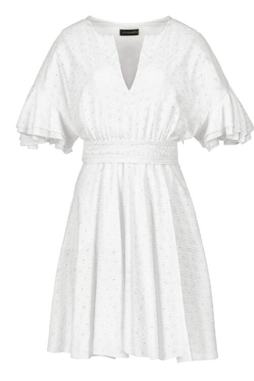 White Embroidered Dress with Ruffle Sleeves