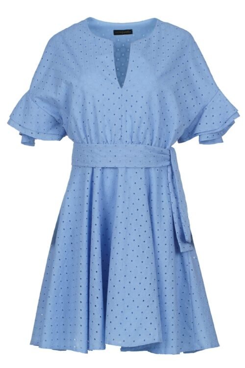 Sky Blue Embroidered Dress with Ruffle Sleeves