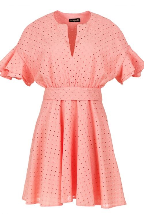 Coral Embroidered Dress with Ruffle Sleeves