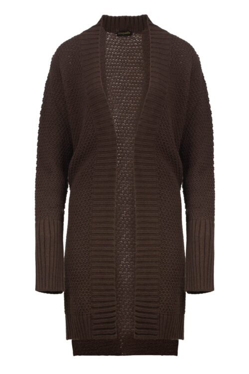 Under The Knee Length Open Front Brown Knit Cardigan