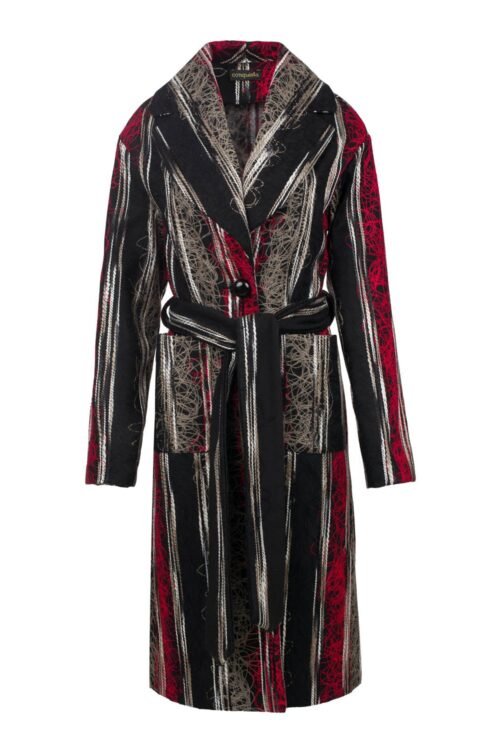 Multicoloured Long Wool Blend Jacquard Style Coat with Belt