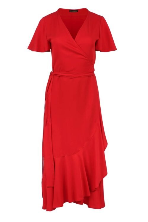 Red Ruffle Detail Wrap Dress