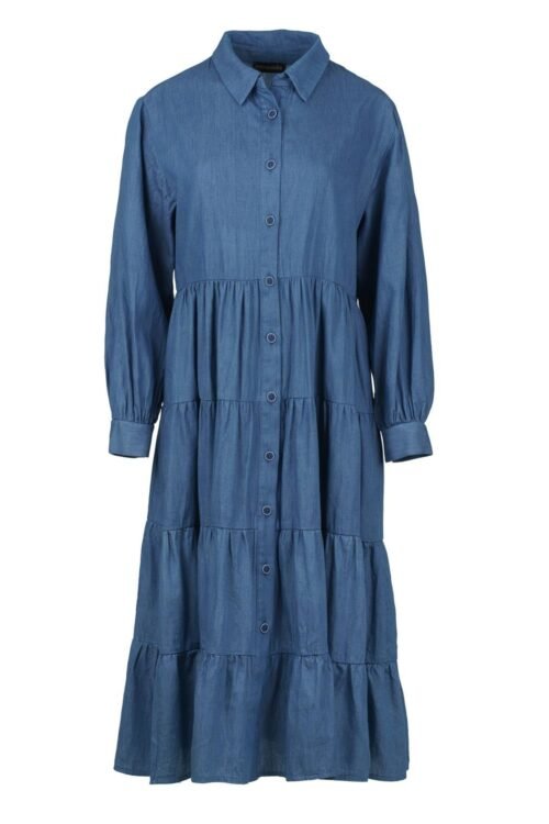 Cotton Denim Long Sleeve Tiered Dress with Buttons