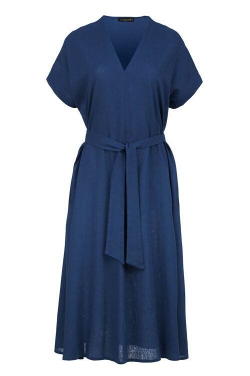 Blue Linen Style Belted Midi Dress