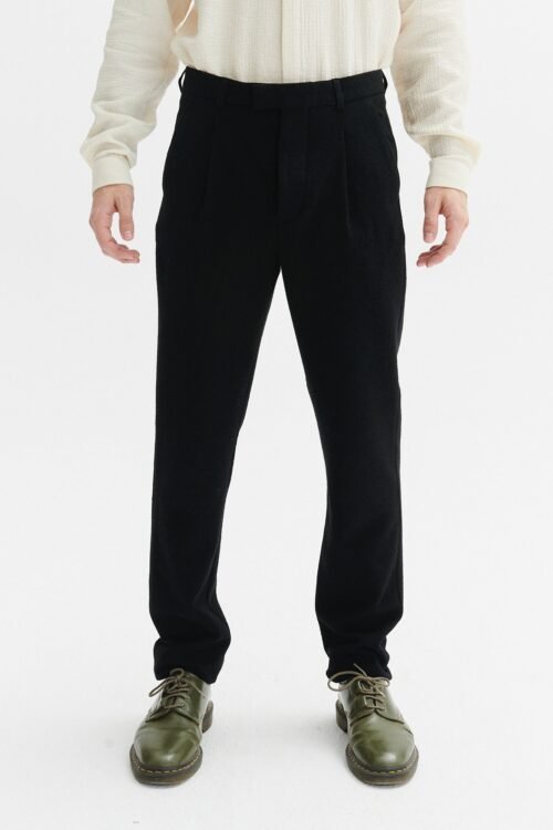 Bohemian Trousers in a Black Italian Virgin Wool and Cotton Seersucker by Subalpino