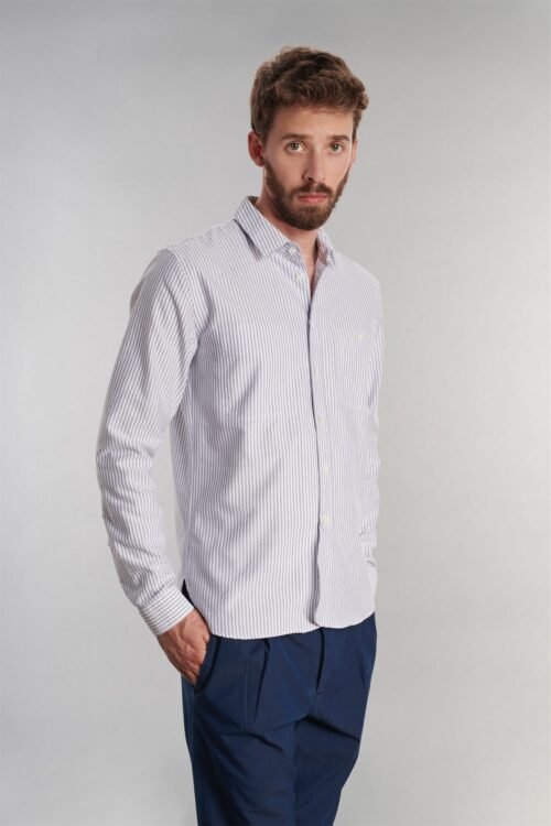 Blue Stripe Farmer Shirt in the Finest Brushed Portuguese Oxford Cotton