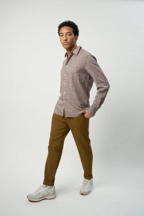 Feel Good Shirt in a Beige Brown Italian Cotton, Silk and Wool Blend with a Prince of Wales Pattern