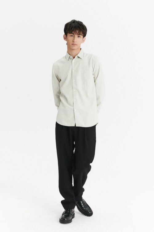Feel Good Shirt in an Off White Subtle Grey, Green and Off-White Striped Italian Cotton and Cashmere