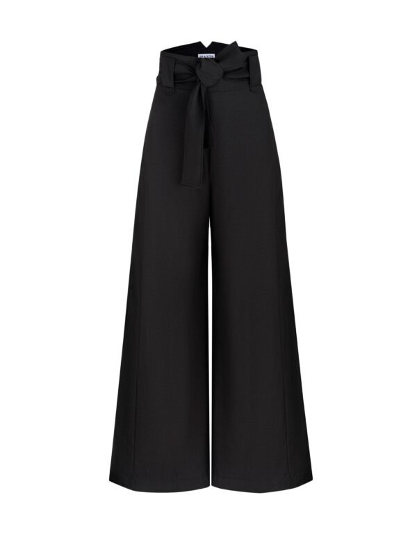 Wide leg palazzo trousers IPANTS with high rise? pockets and belt. Made with wool dark gray fabric