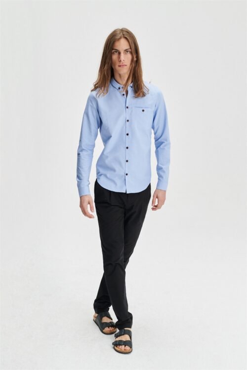 Proper Shirt in the Finest Blue Portuguese Oxford Cotton with Wooden Buttons