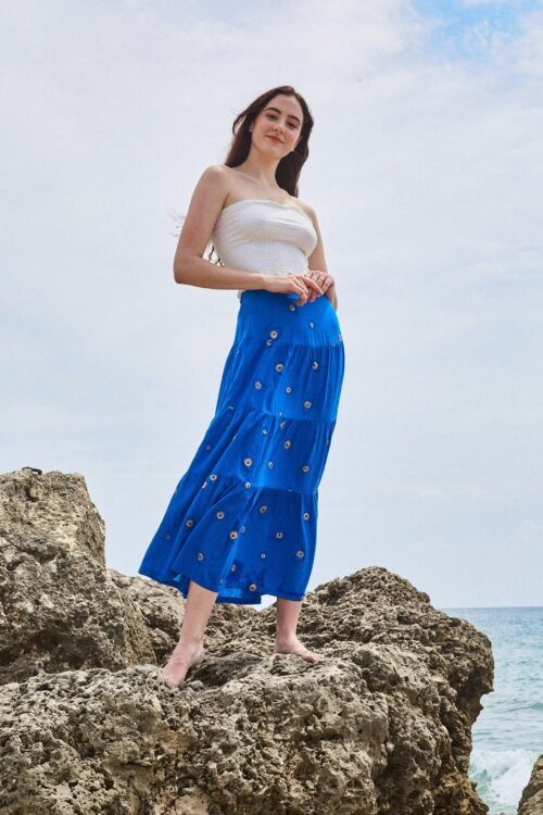 Cotton Tiered Long Skirt | Evil Eye Moroccan Blue
